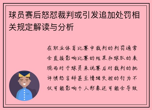 球员赛后怒怼裁判或引发追加处罚相关规定解读与分析